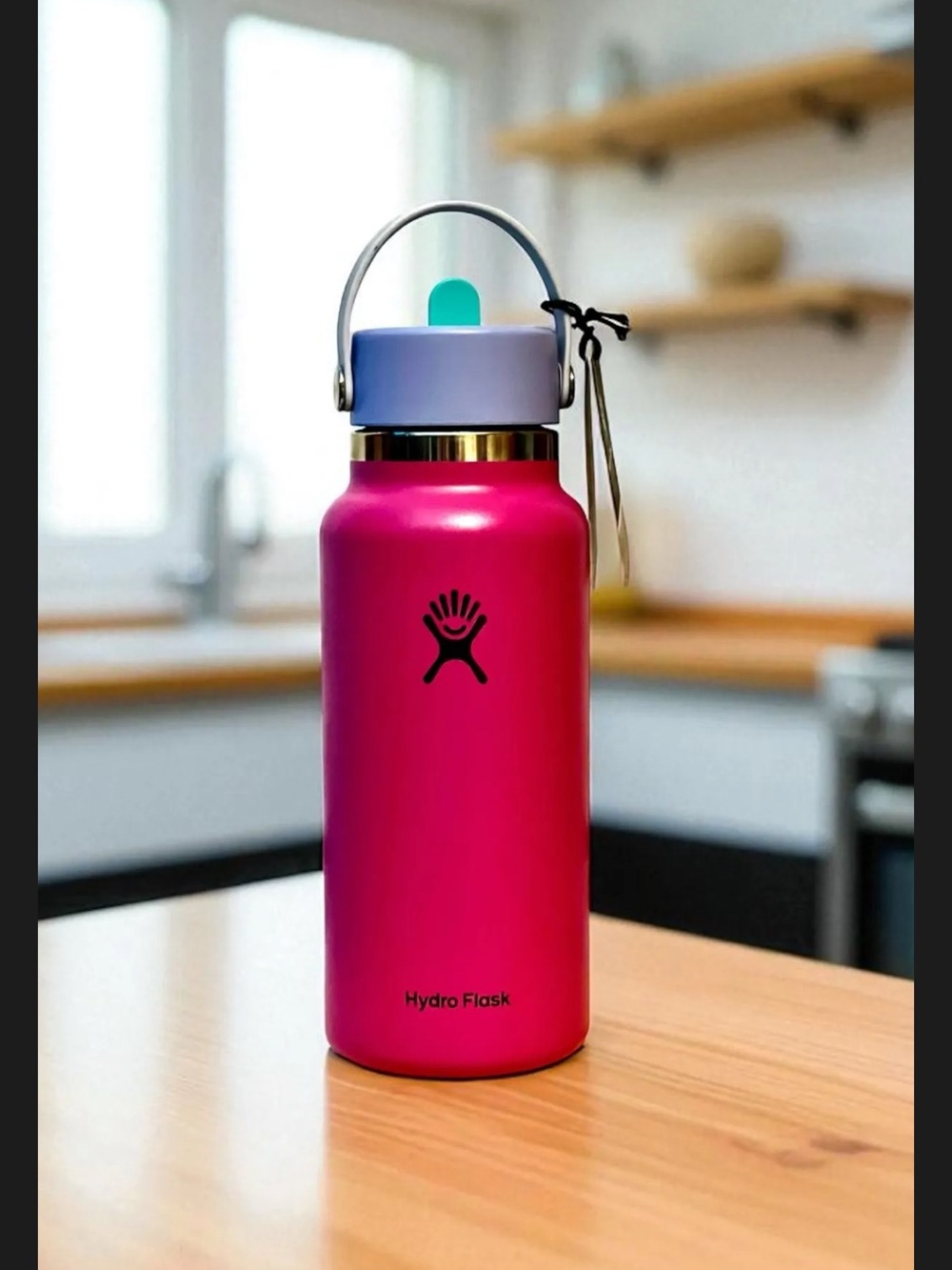 Hydro Flask Hot Pink Bottle with Lavender Cap and Teal Accent